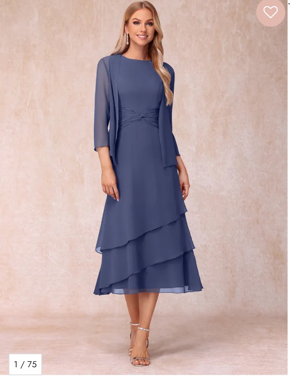 Chiffon Layered Midi Dress with Sheer Jacket - Slate Blue
